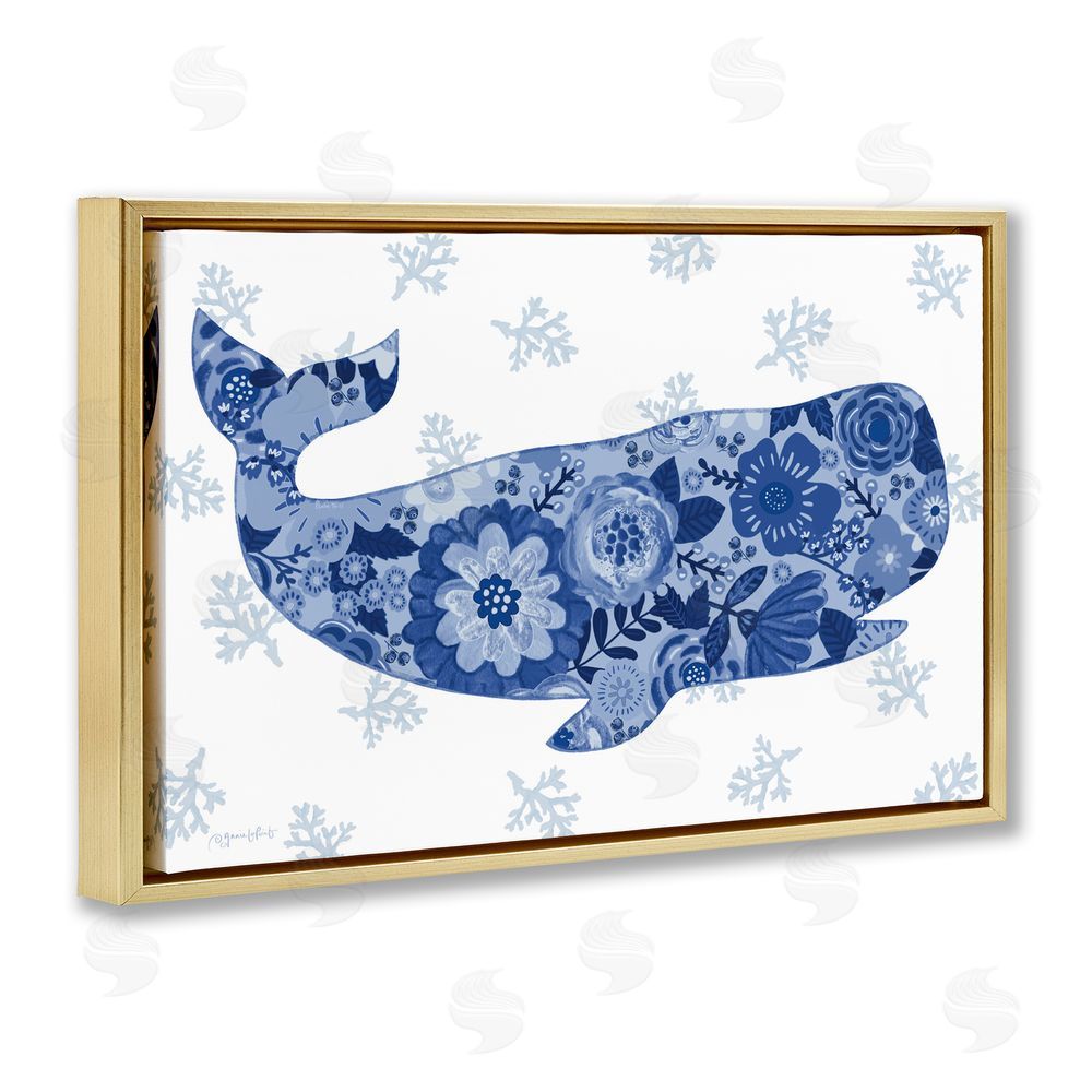 Annie LaPoint Blue Floral Patterned Whale Gold Floating Frame Canvas Wall Art Print