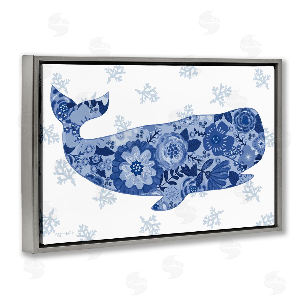 Annie LaPoint Blue Floral Patterned Whale Gray Floating Frame Canvas Wall Art Print