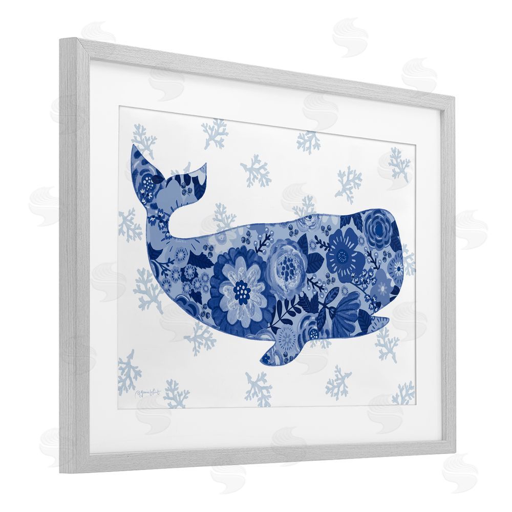 Annie LaPoint Blue Floral Patterned Whale Gray Framed Print Under Glass Wall Art