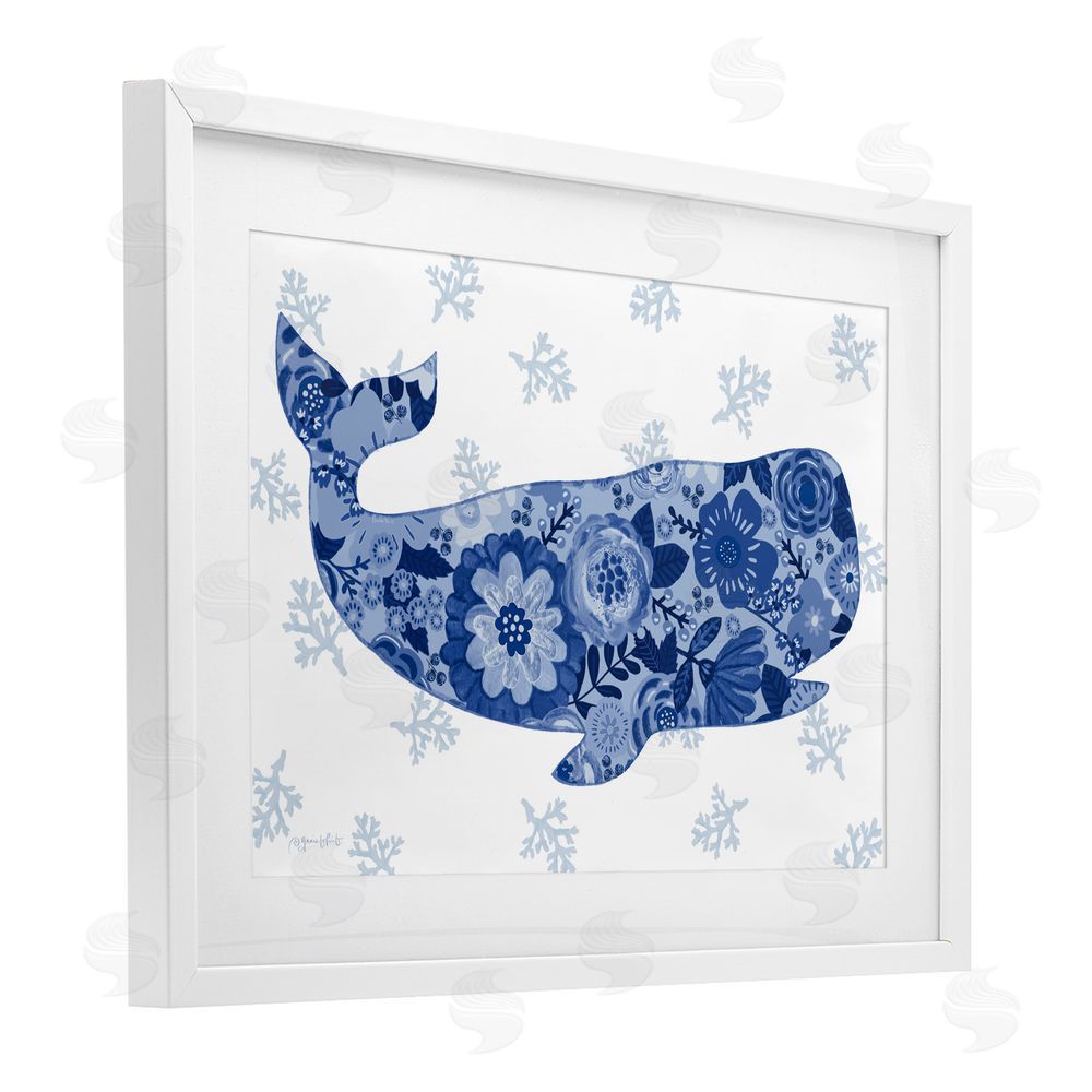 Annie LaPoint Blue Floral Patterned Whale White Framed Print Under Glass Wall Art