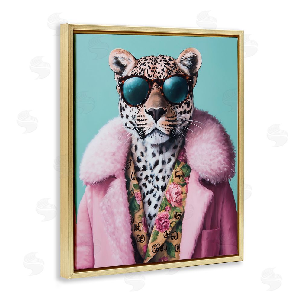 Heidi Kuntz Chic Leopard in Pink Coat Gold Floating Frame Canvas Wall Art Print
