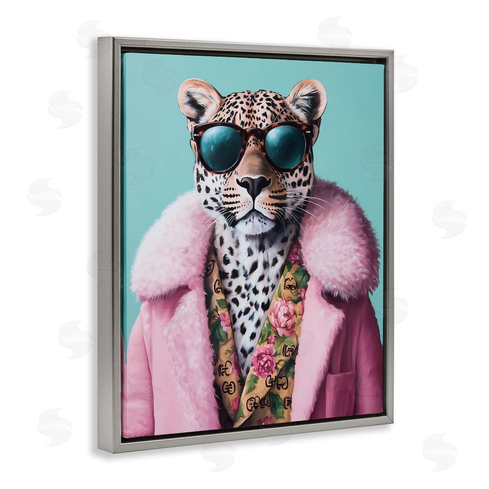 Heidi Kuntz Chic Leopard in Pink Coat Gray Floating Frame Canvas Wall Art Print