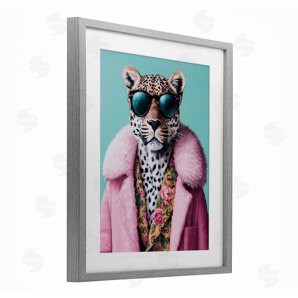 Heidi Kuntz Chic Leopard in Pink Coat Gray Framed Print Under Glass Wall Art