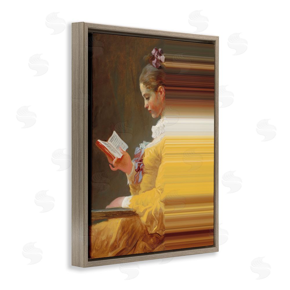 Seven Trees Design Vintage Lady Reading with Gradient Streaks Brown Floating Frame Canvas Wall Art Print
