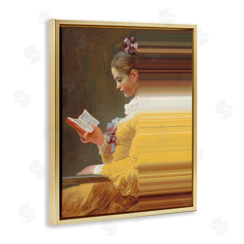 Seven Trees Design Vintage Lady Reading with Gradient Streaks Gold Floating Frame Canvas Wall Art Print