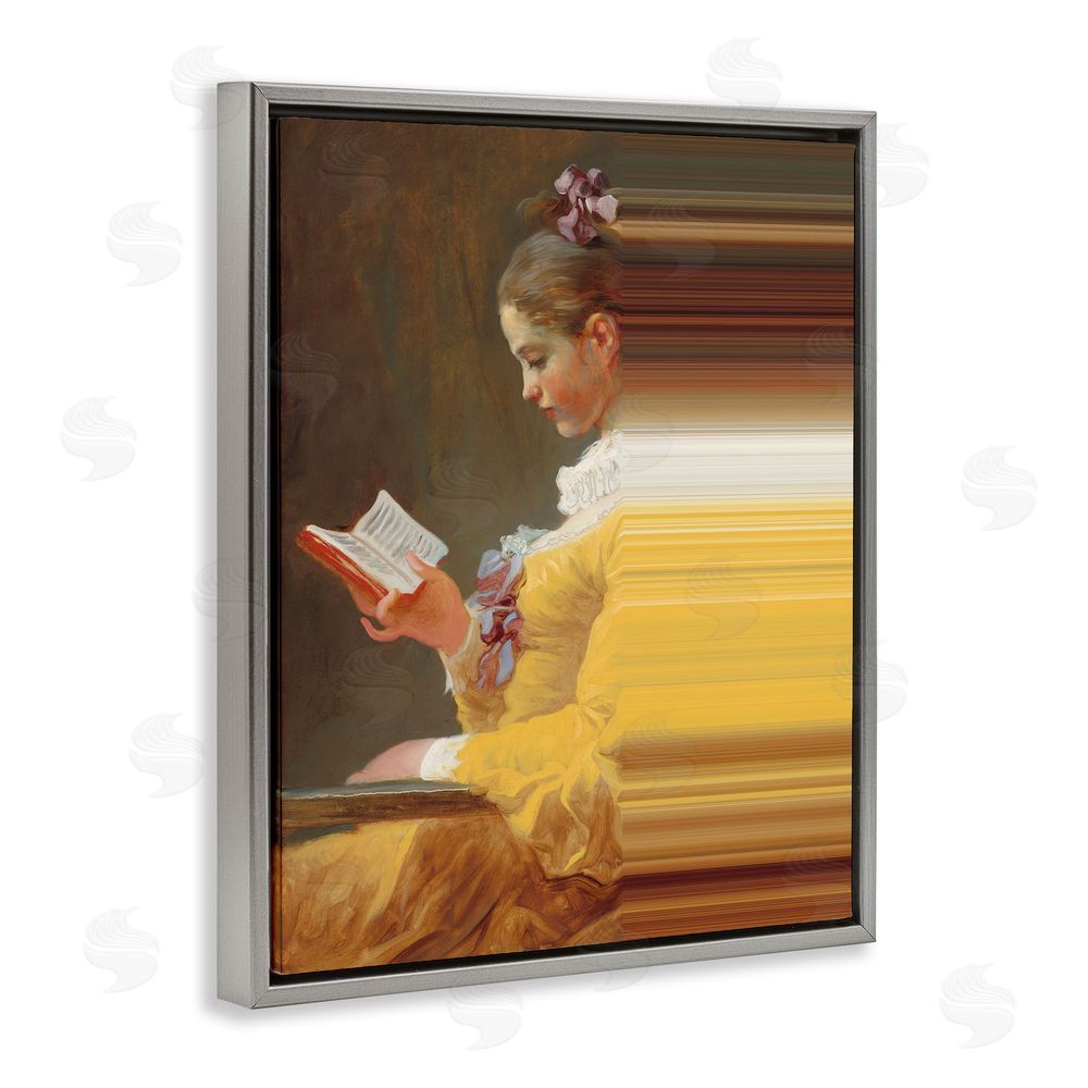 Seven Trees Design Vintage Lady Reading with Gradient Streaks Gray Floating Frame Canvas Wall Art Print