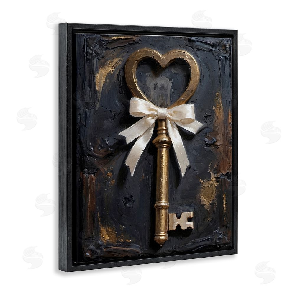 Jo Moulton Antique Gold Heart Key Black Floating Frame Canvas Wall Art Print