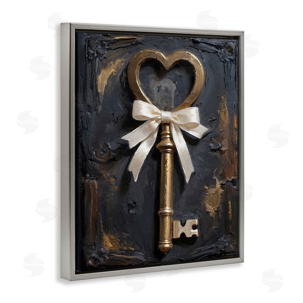 Jo Moulton Antique Gold Heart Key Gray Floating Frame Canvas Wall Art Print