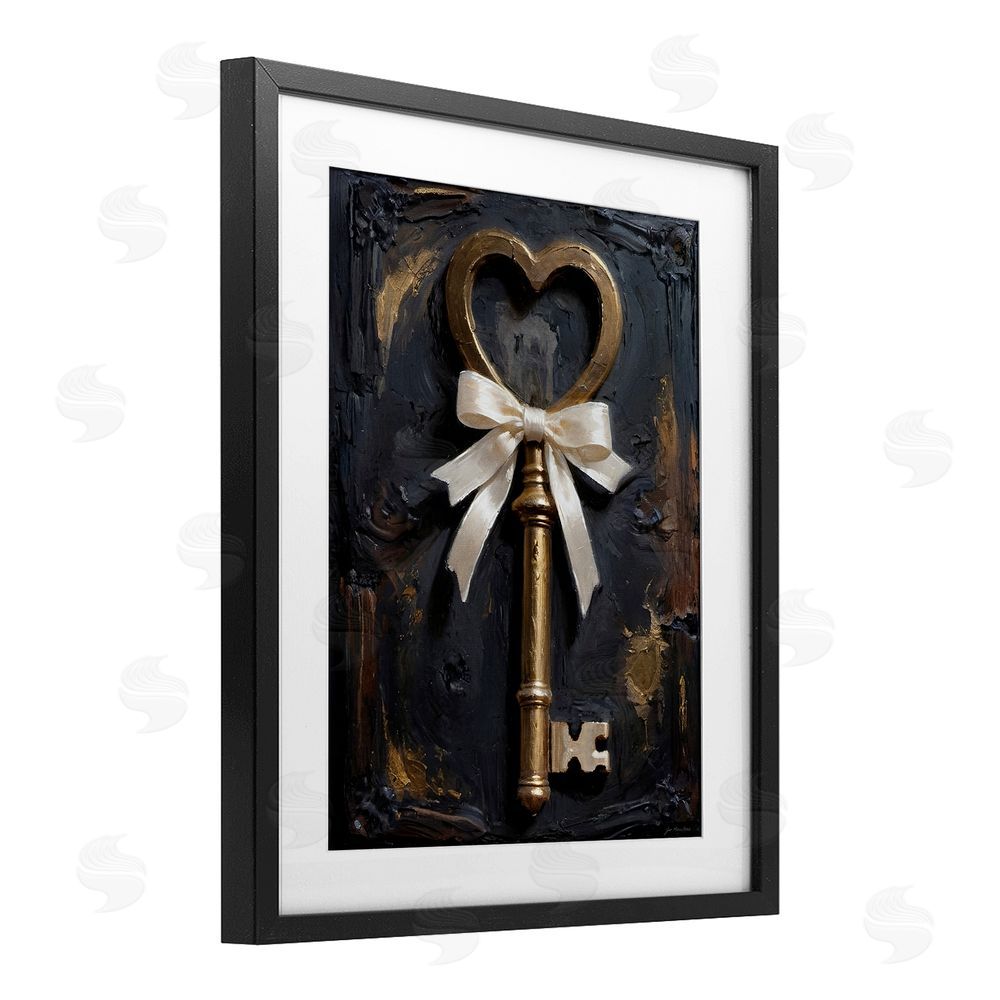 Jo Moulton Antique Gold Heart Key Black Framed Print Under Glass Wall Art