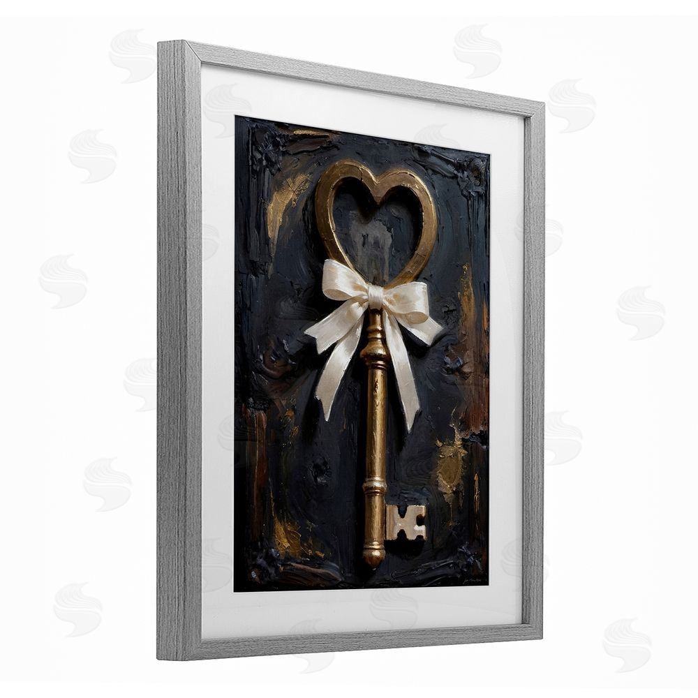 Jo Moulton Antique Gold Heart Key Gray Framed Print Under Glass Wall Art