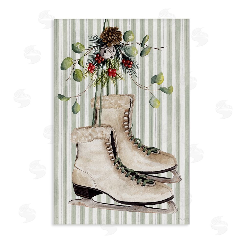Cindy Jacobs Winter Ice Skates on Stripes Canvas Wall Art Print
