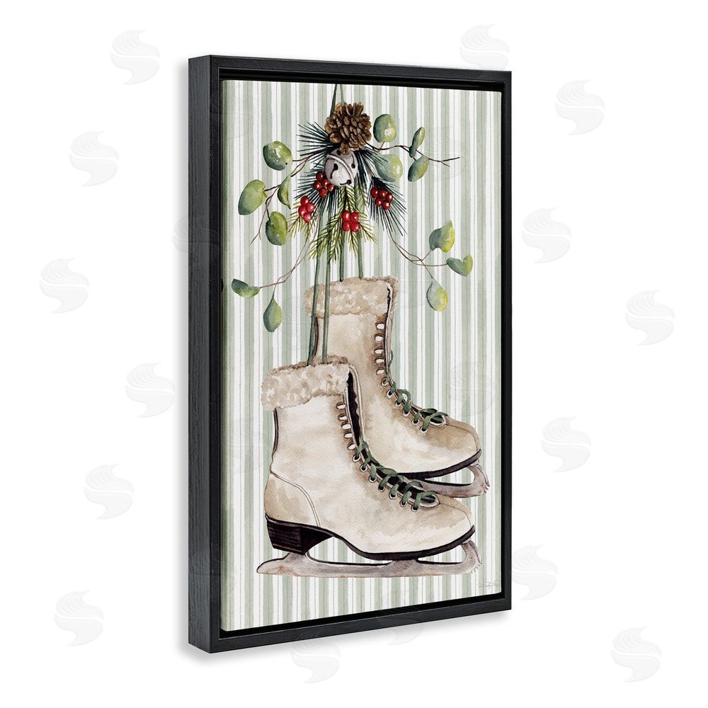 Cindy Jacobs Winter Ice Skates on Stripes Black Floating Frame Canvas Wall Art Print