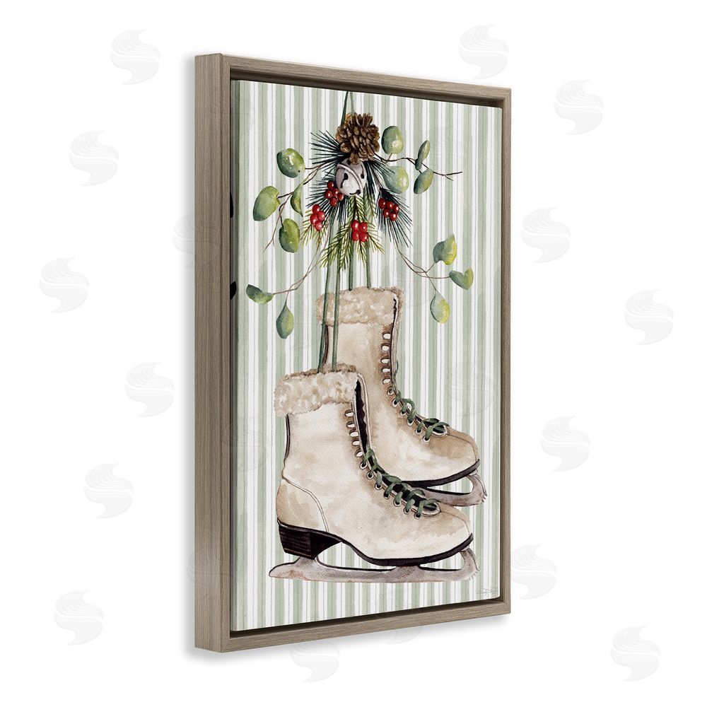 Cindy Jacobs Winter Ice Skates on Stripes Brown Floating Frame Canvas Wall Art Print
