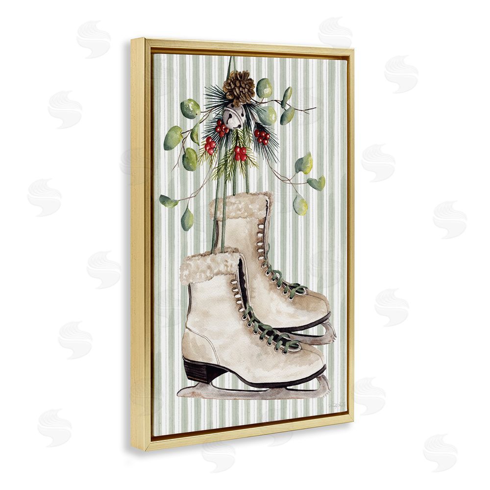 Cindy Jacobs Winter Ice Skates on Stripes Gold Floating Frame Canvas Wall Art Print