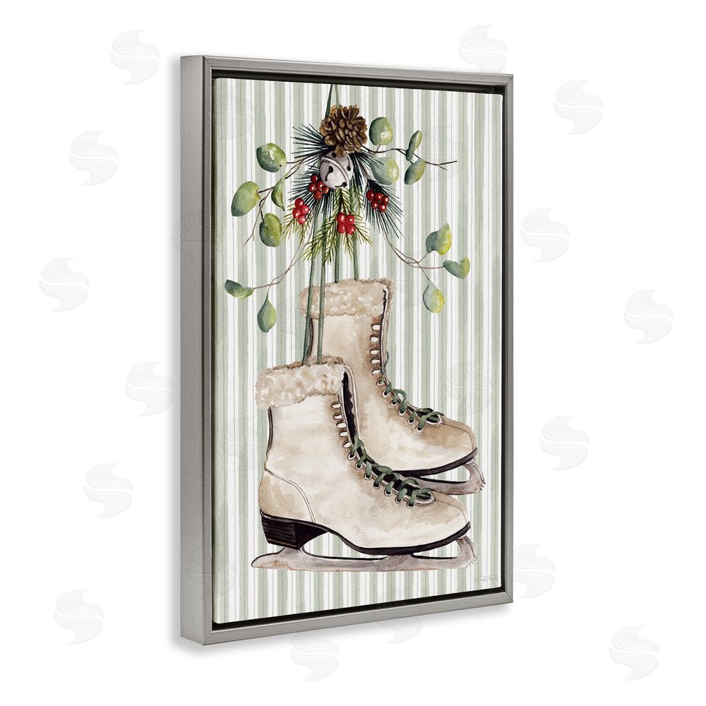 Cindy Jacobs Winter Ice Skates on Stripes Gray Floating Frame Canvas Wall Art Print