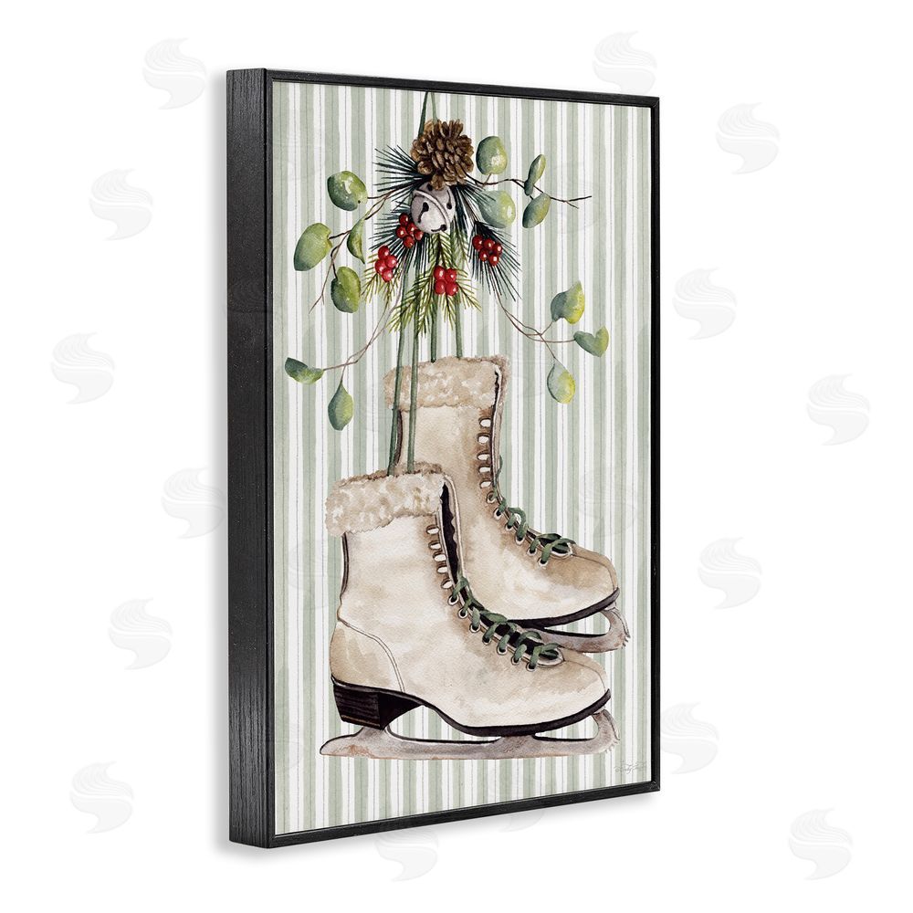 Cindy Jacobs Winter Ice Skates on Stripes Black Framed Giclee Wall Art Print