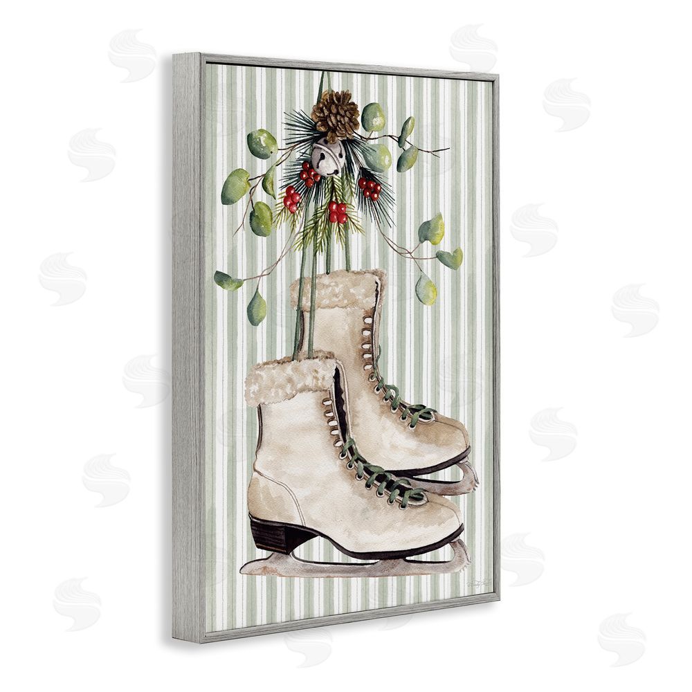 Cindy Jacobs Winter Ice Skates on Stripes Gray Framed Giclee Wall Art Print