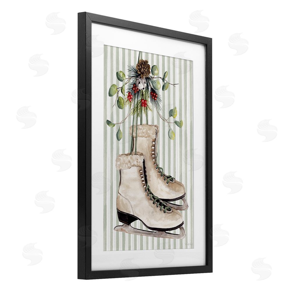Cindy Jacobs Winter Ice Skates on Stripes Black Framed Print Under Glass with White Mat Wall Art