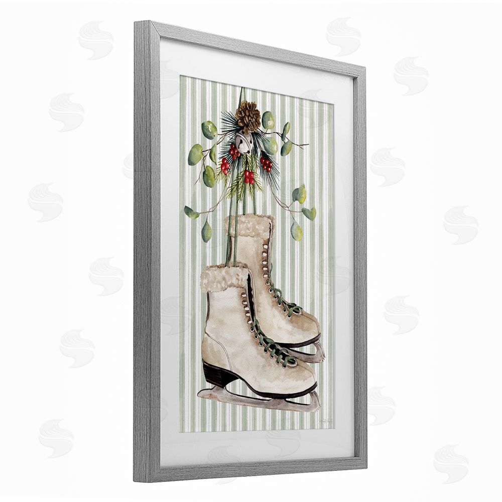 Cindy Jacobs Winter Ice Skates on Stripes Gray Framed Print Under Glass with White Mat Wall Art