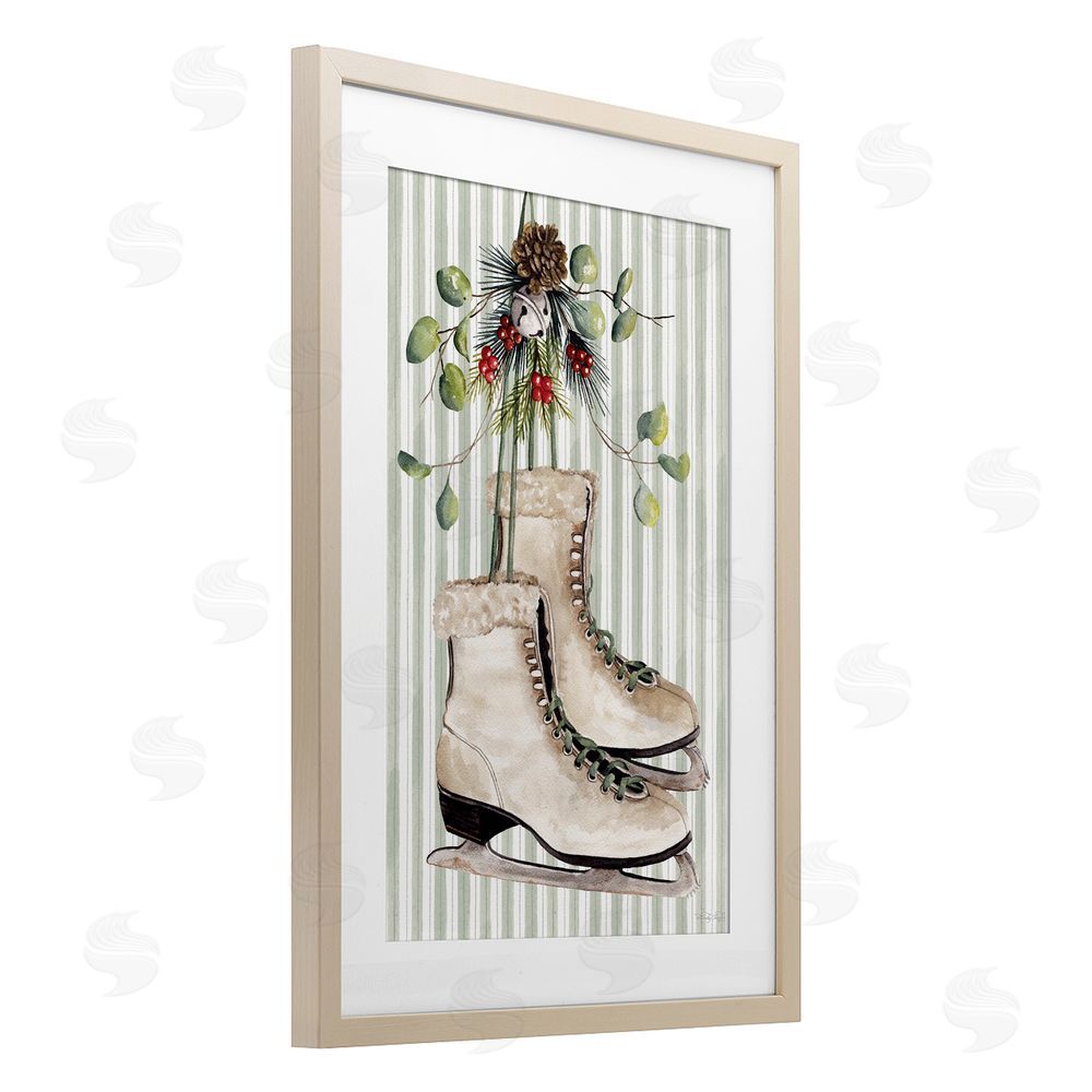 Cindy Jacobs Winter Ice Skates on Stripes Birch Framed Print Under Glass with White Mat Wall Art