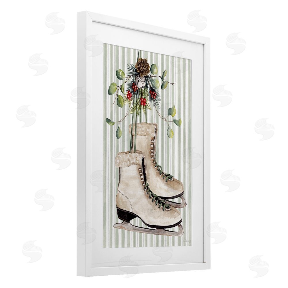 Cindy Jacobs Winter Ice Skates on Stripes White Framed Print Under Glass with Mat Wall Art