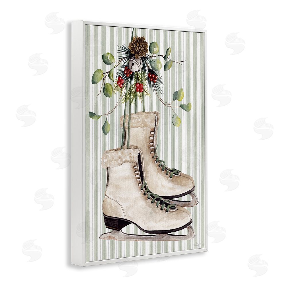 Cindy Jacobs Winter Ice Skates on Stripes White Framed Giclee Wall Art Print