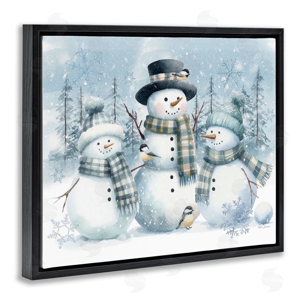 Nicole DeCamp Snowmen Trio and Bird Black Floating Frame Canvas Wall Art Print