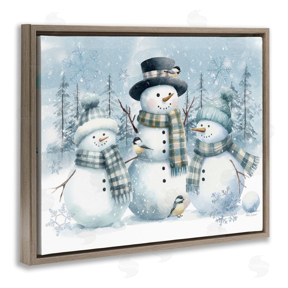 Nicole DeCamp Snowmen Trio and Bird Brown Floating Frame Canvas Wall Art Print
