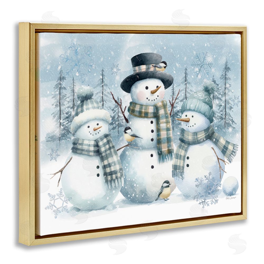 Nicole DeCamp Snowmen Trio and Bird Gold Floating Frame Canvas Wall Art Print