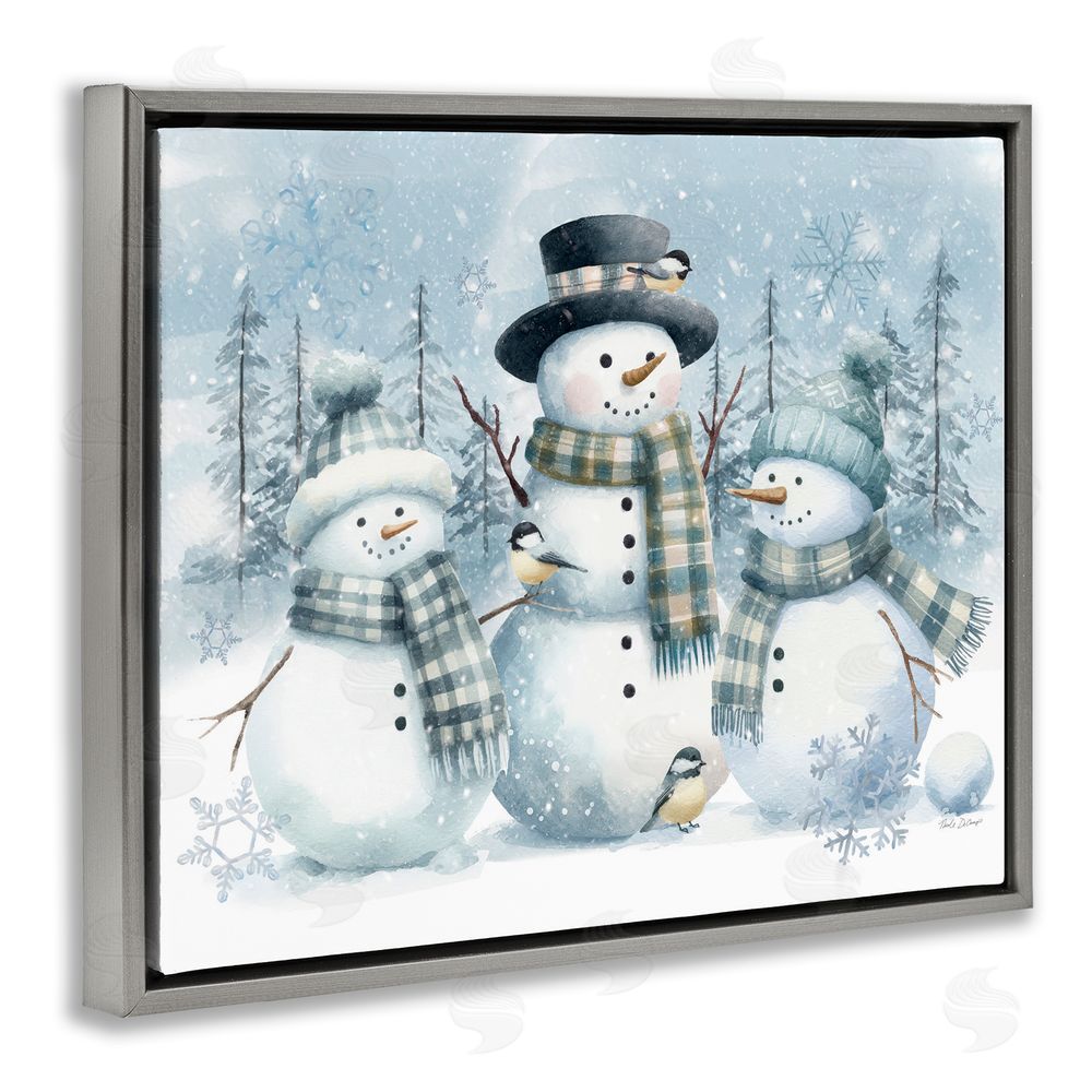 Nicole DeCamp Snowmen Trio and Bird Gray Floating Frame Canvas Wall Art Print