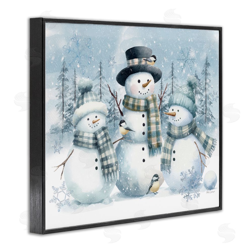 Nicole DeCamp Snowmen Trio and Bird Black Framed Giclee Wall Art Print
