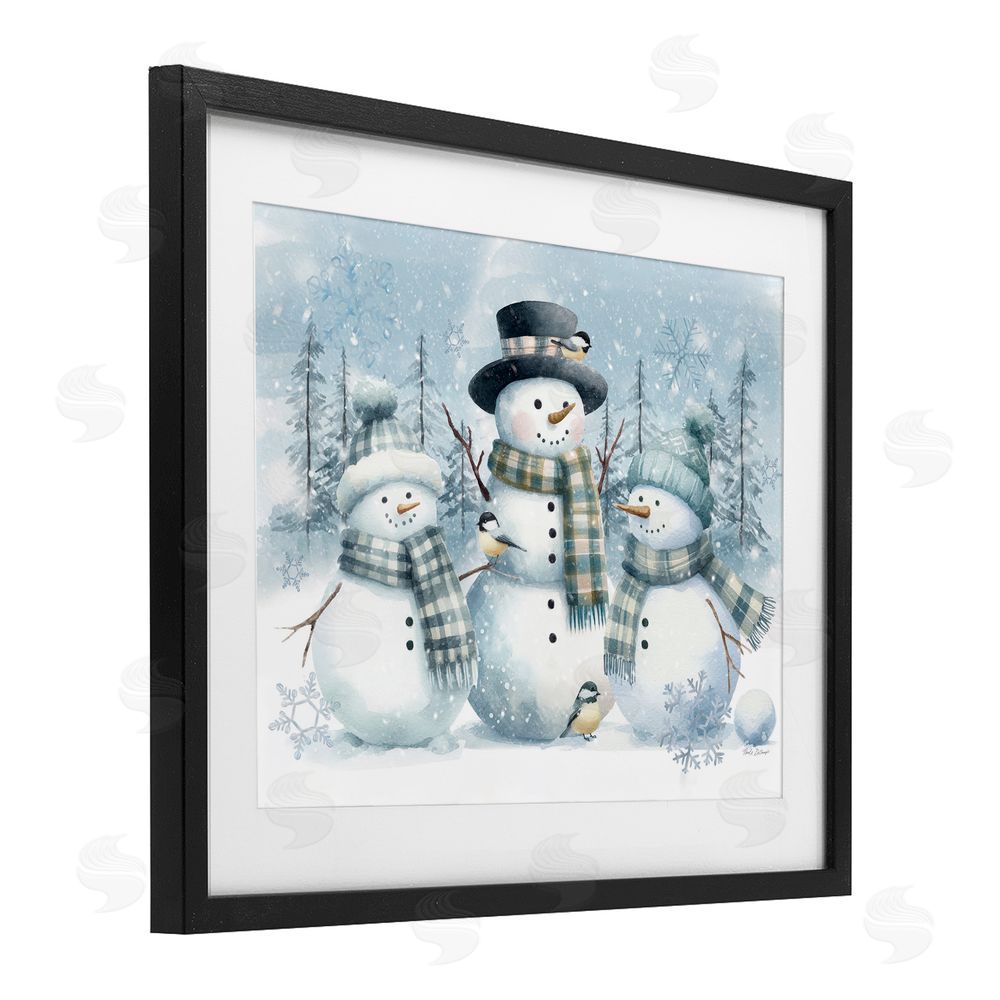 Nicole DeCamp Snowmen Trio and Bird Black Framed Print Under Glass with White Mat Wall Art