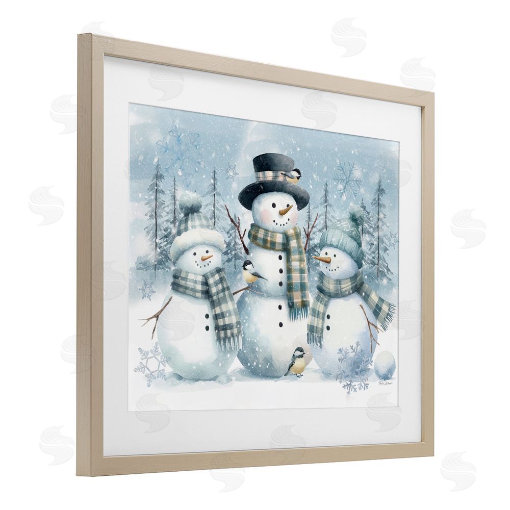 Nicole DeCamp Snowmen Trio and Bird Birch Framed Print Under Glass with White Mat Wall Art