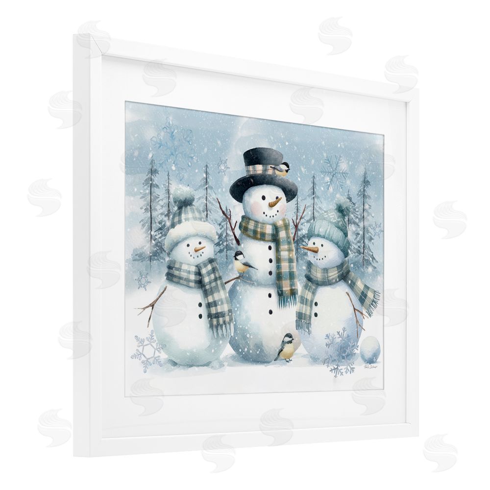 Nicole DeCamp Snowmen Trio and Bird White Framed Print Under Glass with Mat Wall Art