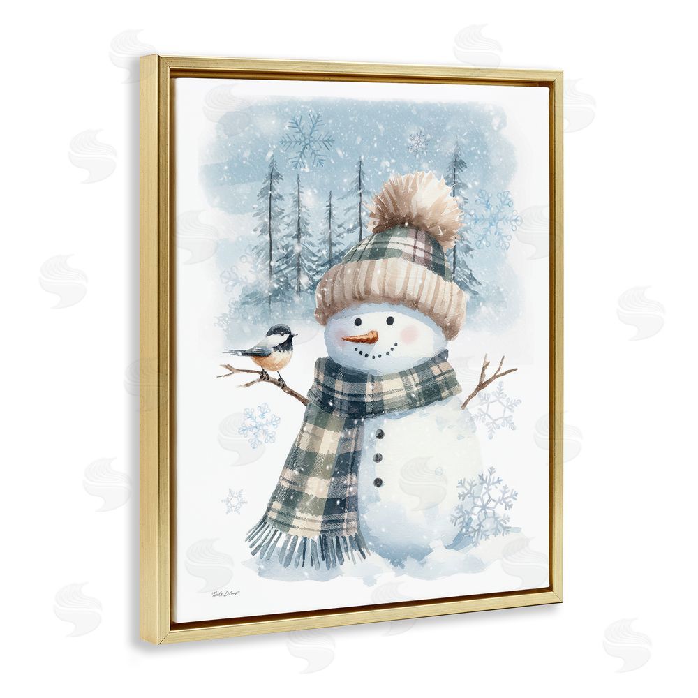 Nicole DeCamp Snowman in Winter Scene Gold Floating Frame Canvas Wall Art Print