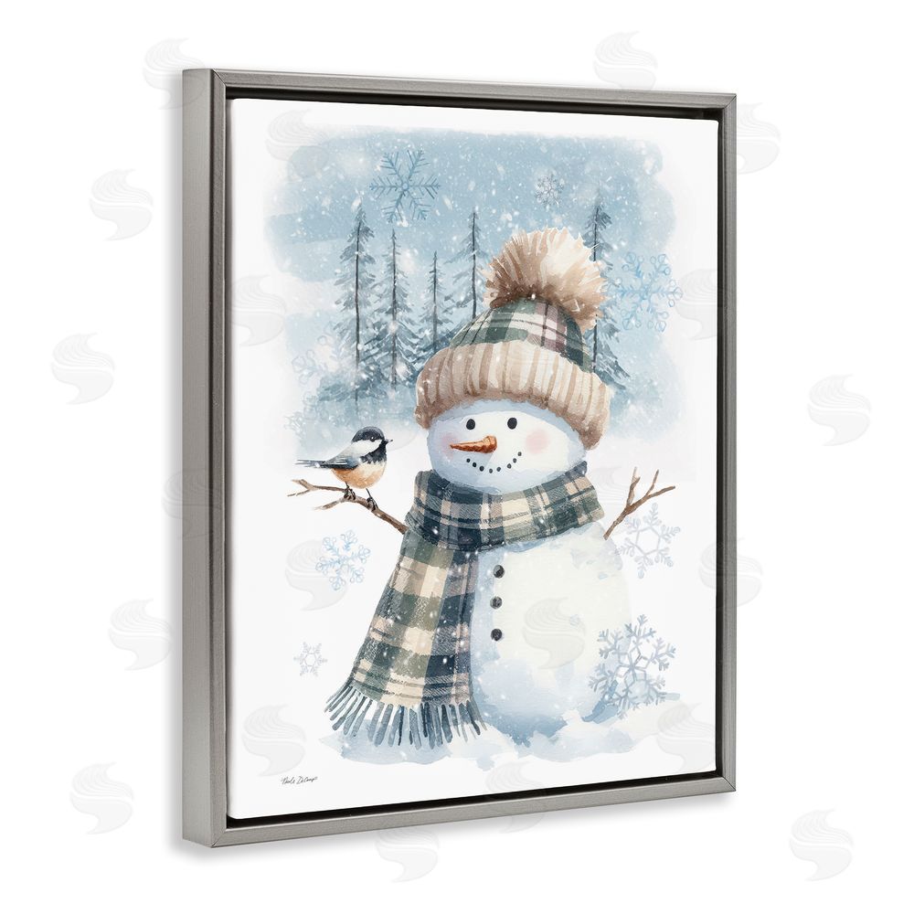 Nicole DeCamp Snowman in Winter Scene Gray Floating Frame Canvas Wall Art Print