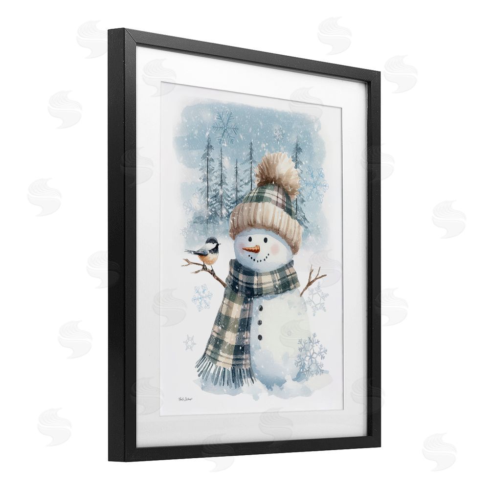Nicole DeCamp Snowman in Winter Scene Black Framed Print Under Glass with White Mat Wall Art