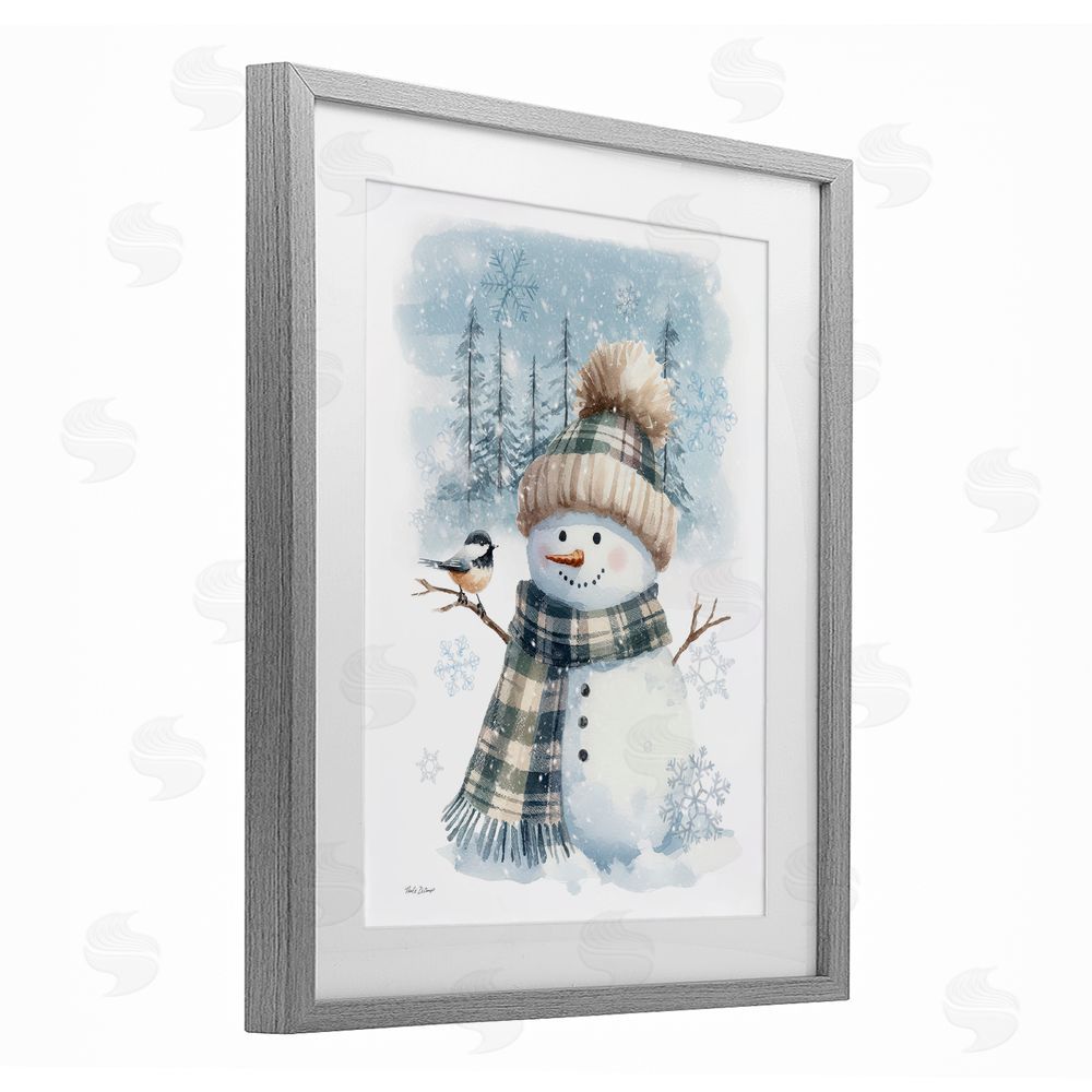 Nicole DeCamp Snowman in Winter Scene Gray Framed Print Under Glass with White Mat Wall Art