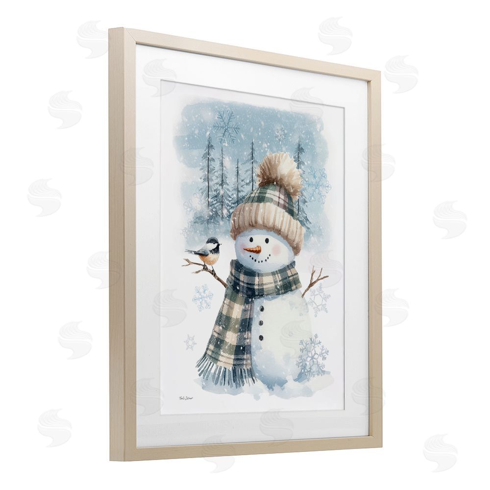 Nicole DeCamp Snowman in Winter Scene Birch Framed Print Under Glass with White Mat Wall Art