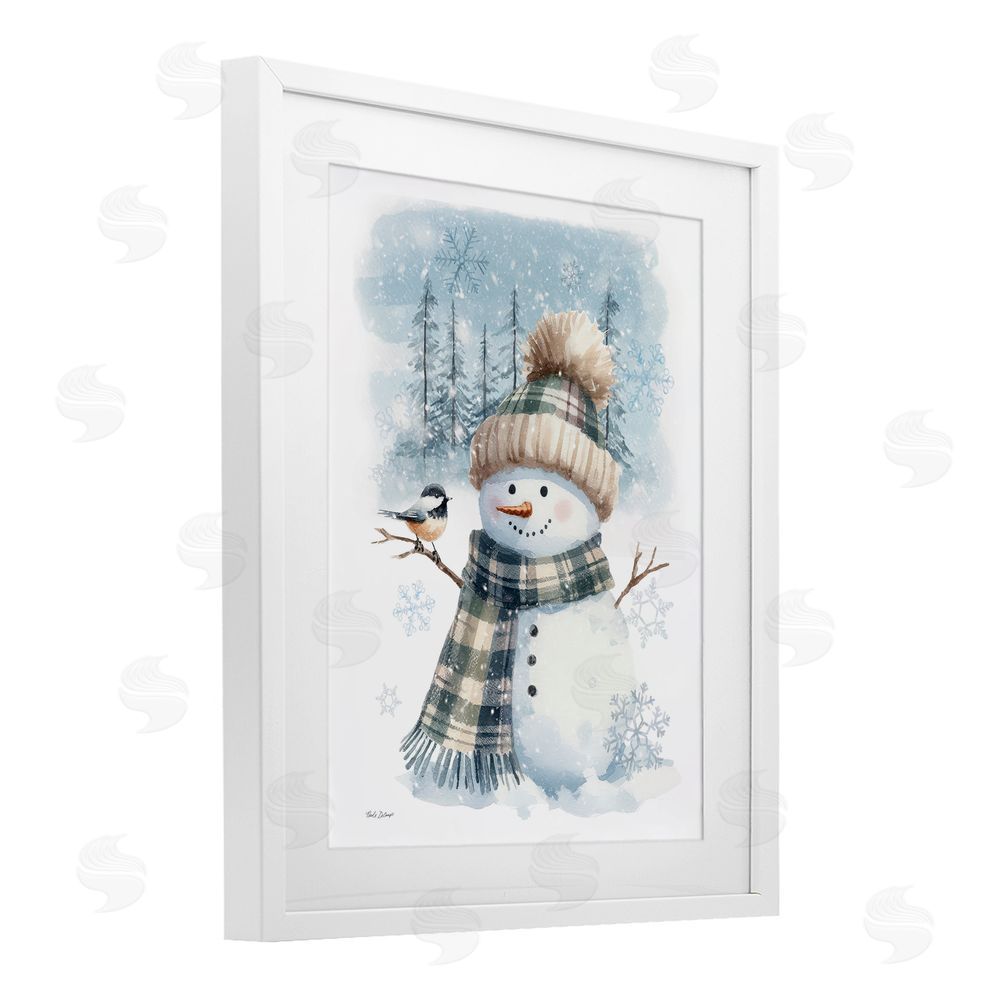 Nicole DeCamp Snowman in Winter Scene White Framed Print Under Glass with Mat Wall Art