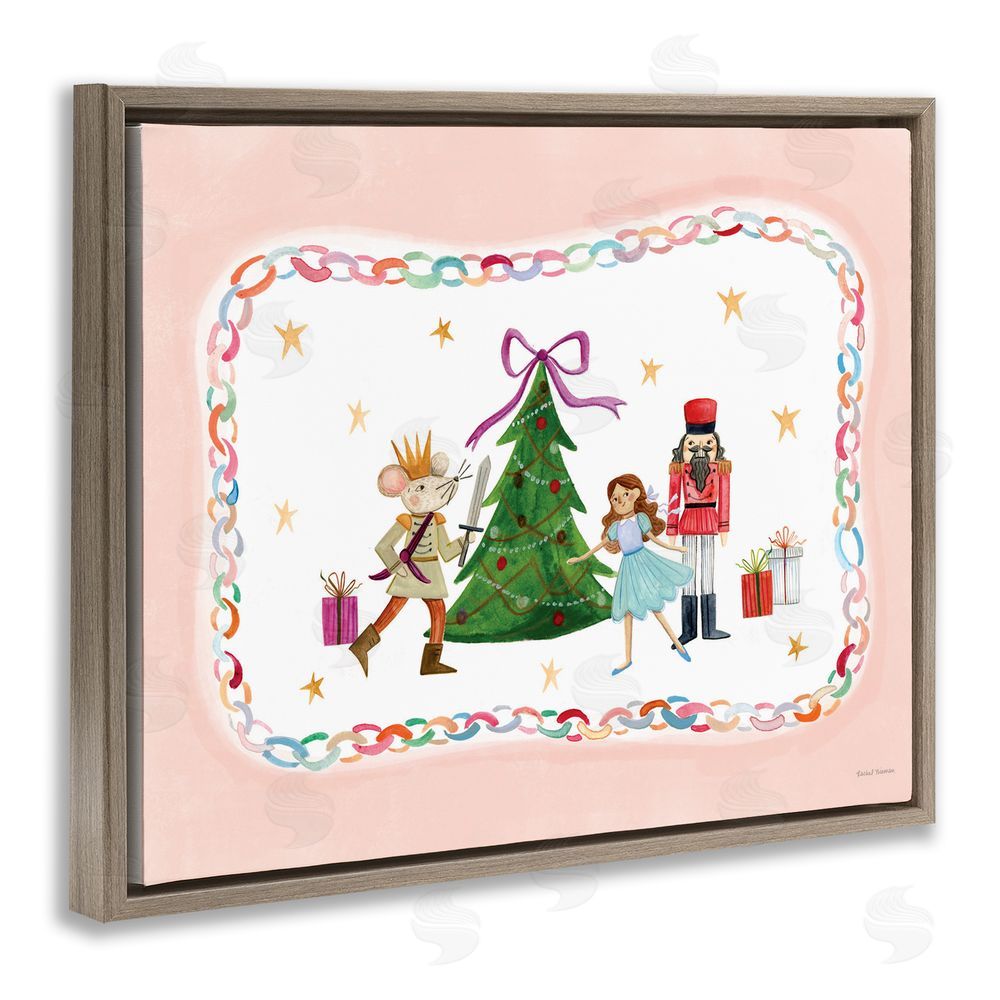 Rachel Nieman Festive Characters & Christmas Tree Brown Floating Frame Canvas Wall Art Print