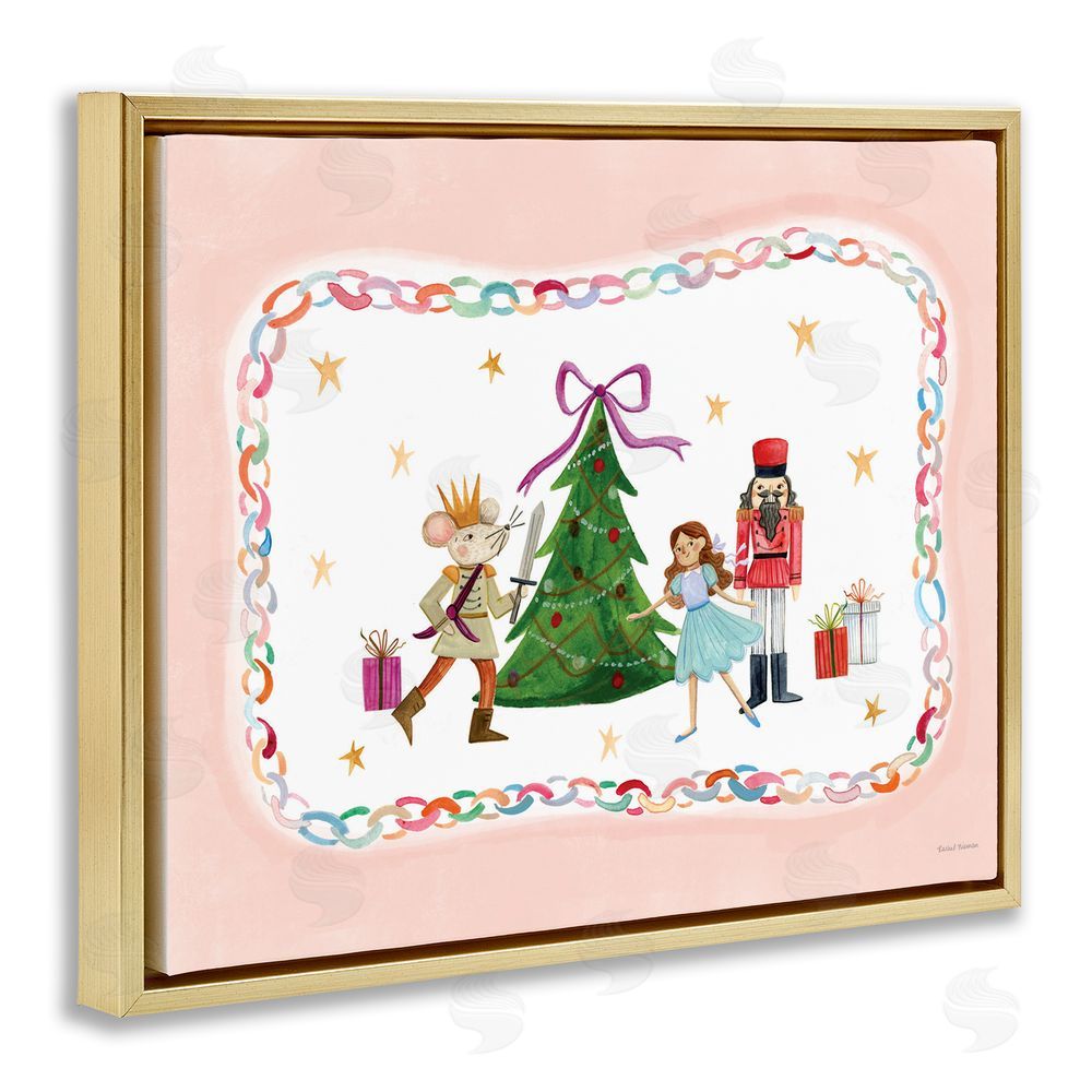Rachel Nieman Festive Characters & Christmas Tree Gold Floating Frame Canvas Wall Art Print