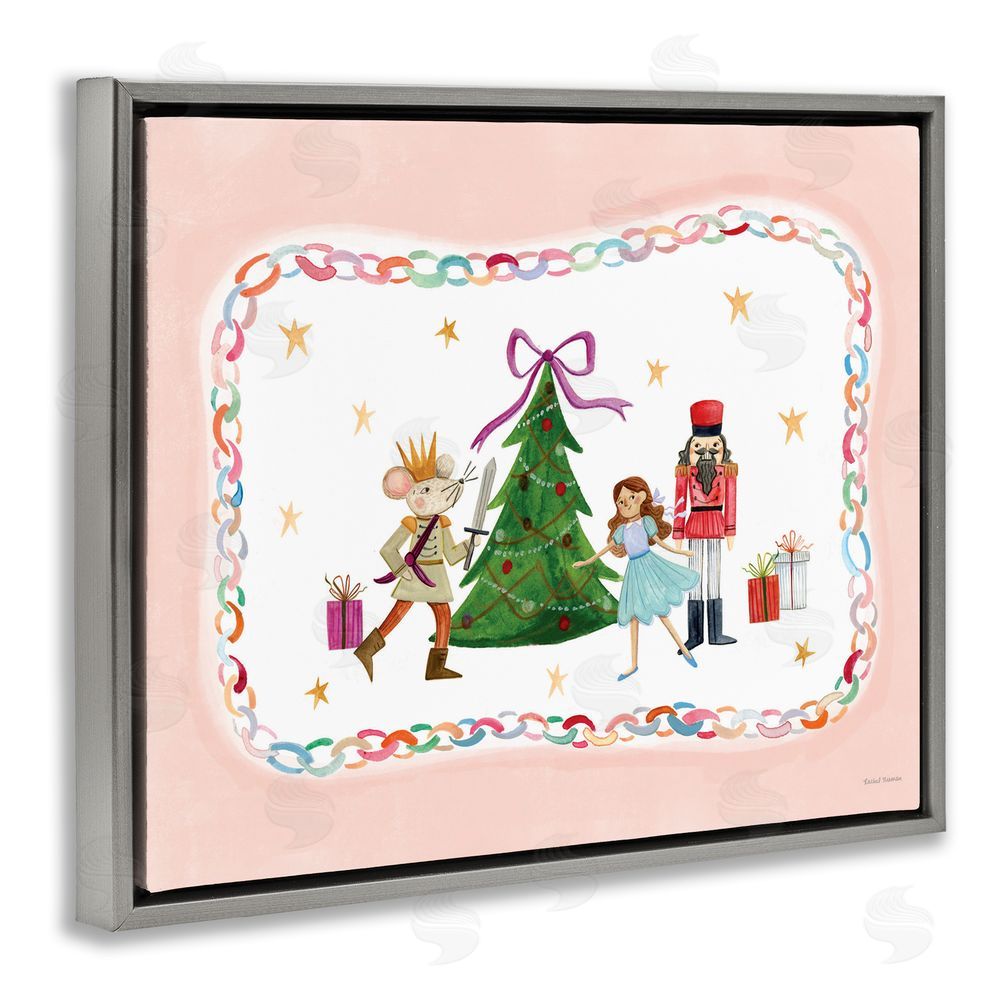 Rachel Nieman Festive Characters & Christmas Tree Gray Floating Frame Canvas Wall Art Print
