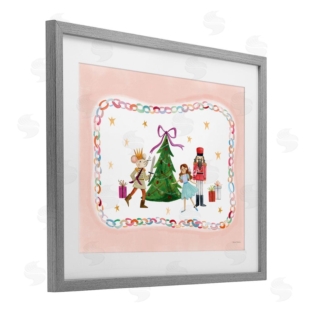 Rachel Nieman Festive Characters & Christmas Tree Gray Framed Print Under Glass with White Mat Wall Art