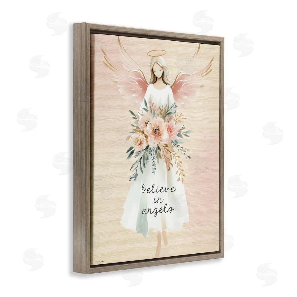 Nicole DeCamp Believe In Angels Sentiment Brown Floating Frame Canvas Wall Art Print