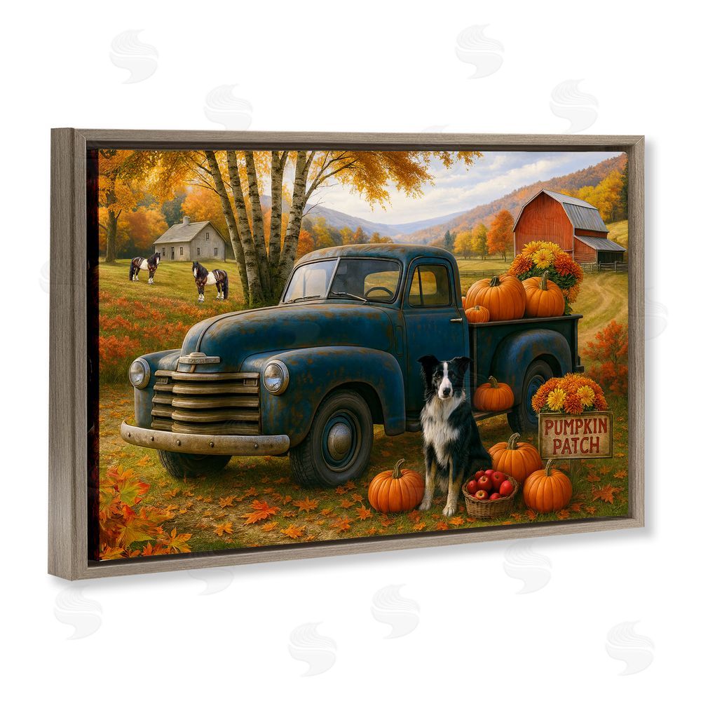 Tom Crehan Autumnal Farmland Collie Dog Brown Floating Frame Canvas Wall Art Print