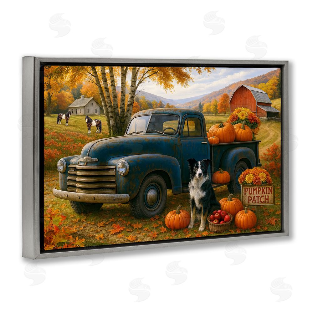 Tom Crehan Autumnal Farmland Collie Dog Gray Floating Frame Canvas Wall Art Print