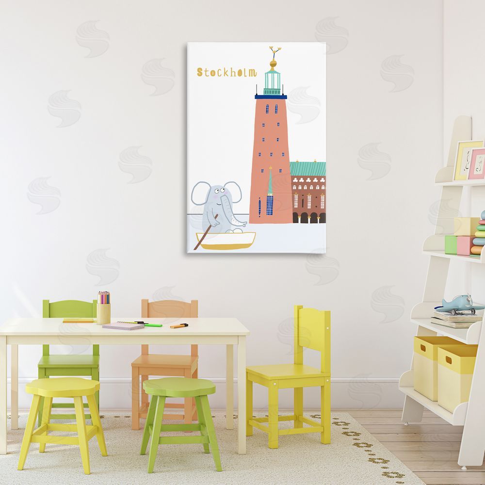 Carla Daly Elephant in Stockholm Boat Stretched Canvas Wall Art Print in Room