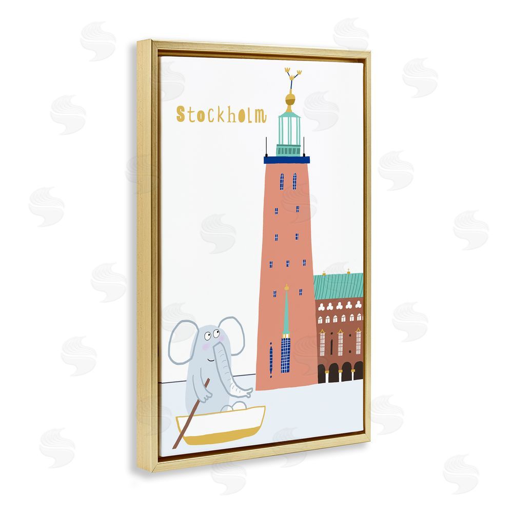 Carla Daly Elephant in Stockholm Boat Gold Floating Frame Canvas Wall Art Print