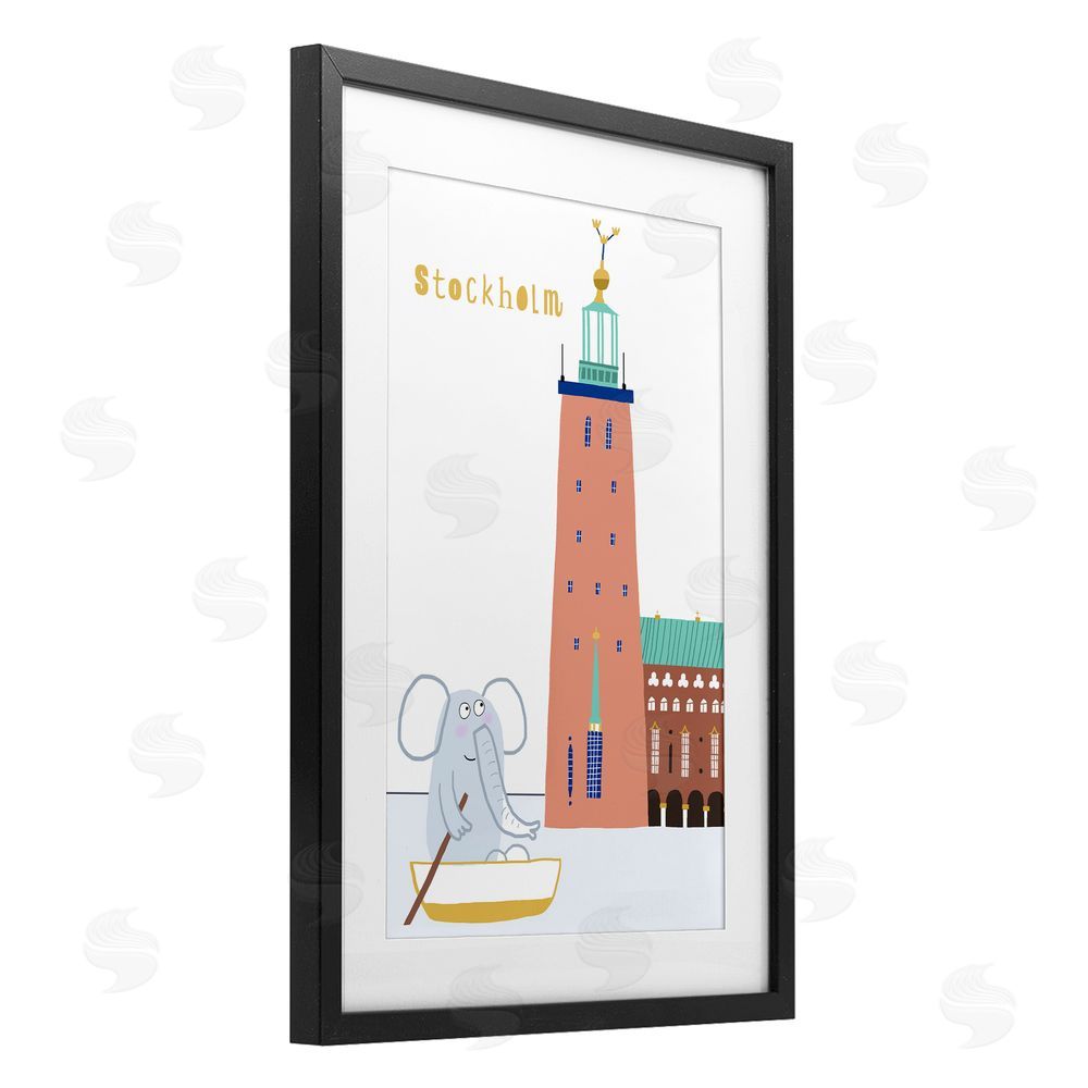 Carla Daly Elephant in Stockholm Boat Black Framed Print Under Glass Wall Art